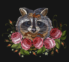 Raccoon head and roses embroidery art. Fashion template for clothes, textiles, t-shirt design. Classical embroidery portrait of funny raccoon and pink flowers roses © no_stromo