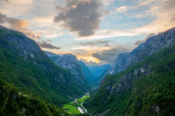 Beautiful scenic landscape of Naeroydalen valley from Stalheim, Norway at sunrise