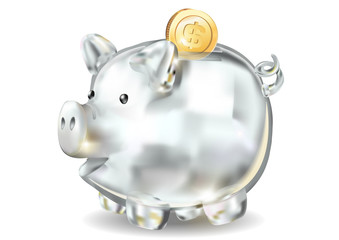 Piggy bank 3d realistic glass on a white background. Coins, savings, bank, finance money cash gold dollar, the year of the pig, wealth, saving Pig piggy.