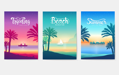 Happy vacation landscape paradise on tropical island. Palm tree silhouette on blue sea. Traveling romantic date