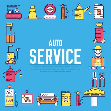 auto service with text concept. Thin line icons with flat background design. Worker mechanic repairs a car on the garage. Vehicle station with workshop tools