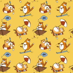 Seamless pattern with cats and sea