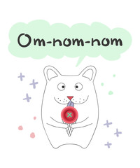 Cute vector illustration, hamster in cartoon linear style with realistic pink button ice-cream, hand drawn lettering om-nom-nom. Scrapbook element. Art card for nursery or kids room poster background.