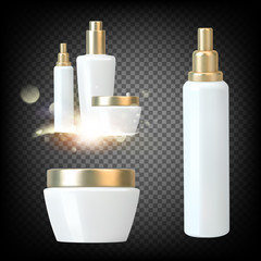 Set with white spray bottles on black transparent background. Plastic bottle of shampoo. Hair collagen spray. Vector collection.