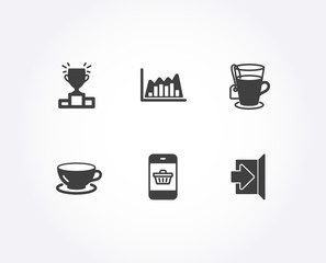 Set of Tea, Infographic graph and Winner podium icons. Espresso, Smartphone buying and Exit signs. Glass mug, Line diagram, Competition results. Coffee cup, Website shopping, Escape. Vector