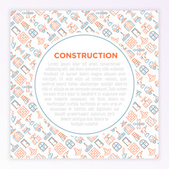 Construction concept with thin line icons: builder in helmet, work tools, brickwork, floor plan, plumbing, trowel, traffic cone, stepladder, jackhammer. Vector illustration, print media template.