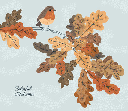 Autumn background with leaves and bird