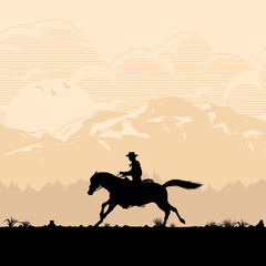 Silhouette of a cowboy riding running horse at sunset, Vector Illustration