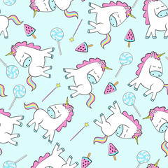 Seamless pattern with little unicorns, stars, ice cream and candy.