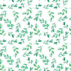 Spring pattern of leaves on a white background. Green branches. Hand drawn illustration.