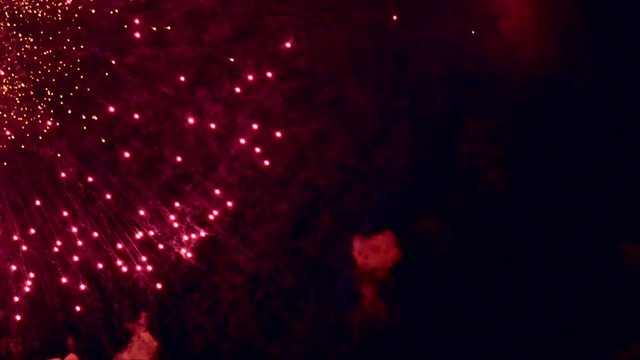 Fireworks in night sky. Explosion of many bright lights. Taken on 9-may celebration. Fire and pyrotechnics event party. 