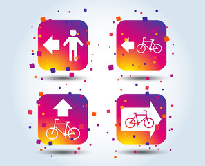 Pedestrian road icon. Bicycle path trail sign. Cycle path. Arrow symbol. Colour gradient square buttons. Flat design concept. Vector
