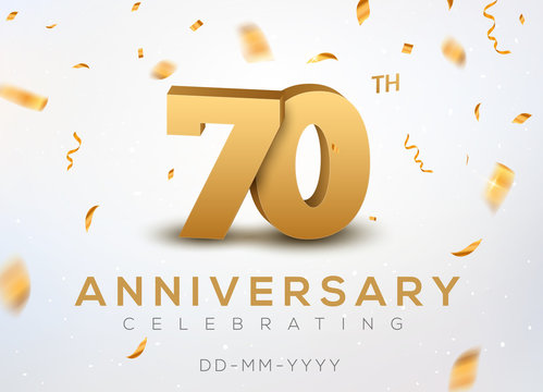 70 Anniversary gold numbers with golden confetti. Celebration 70th anniversary event party template