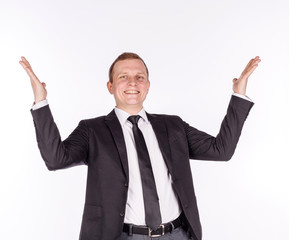 man in black suit. emotions, facial expressions, feelings, body language, signs.