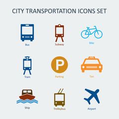 Colored City and public transportation icons set