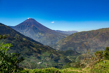 Town and volcano Tungurahua in Andes of Ecuacor