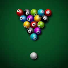 Billiard balls on table vector. Billiard game sport competition leisure illustration