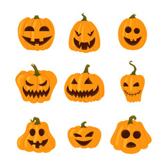 Set of simple yellow pumpkins with funny faces. Halloween icons isolated on white background. Different shapes.