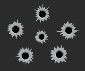 Bullet holes cracks illustration. Criminal gun steel hole. Target shot violence and war concept. Weapon vector hole