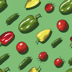 Seamless pattern with vegetables on green background. Vector illustration.