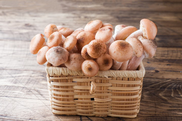 Mushrooms raw honeydew in a straw basket on a wooden table.