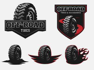 Set of off-road tyre service logo emblems and badges. © dmaryashin