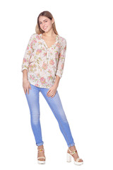 beautiful woman in blue jeans posing on white background