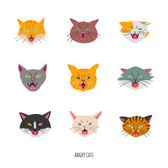 Fototapeta premium Angry hissing cat's head set. Doodle style.