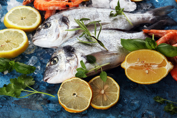 Delicious fresh fish. Fish with aromatic herbs, spices and vegetables - healthy food, diet or cooking concept.