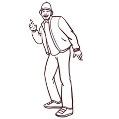 hand drawn old school hip hop boy in retro look in B-boy stand. African American, cartoon, vector, eighties, wildstyle, grafitty, outline, black and white