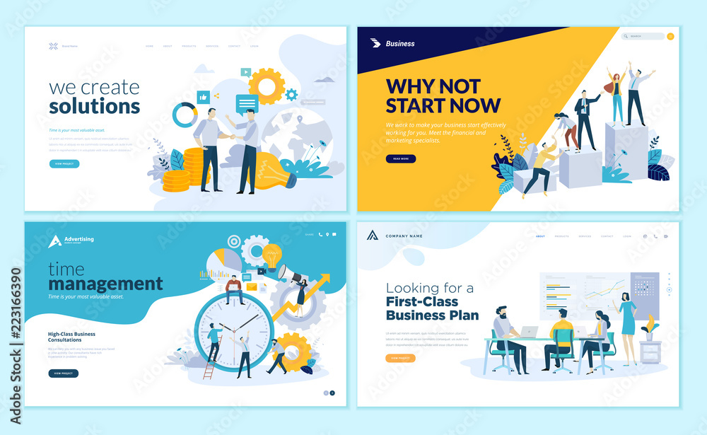 Wall mural set of web page design templates for business solutions, startup, time management, planning and stra