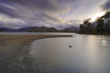 a view of platty plus jetty lake at derwentwater lake in lake district national park united kingdom