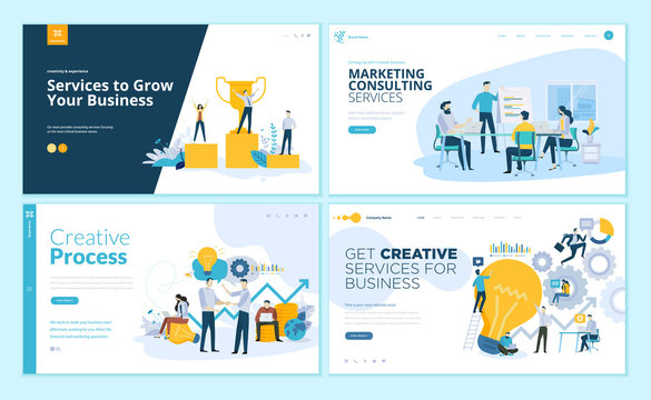 Set of web page design templates for creative process, business success and teamwork, marketing consulting. Modern vector illustration concepts for website and mobile website development. 
