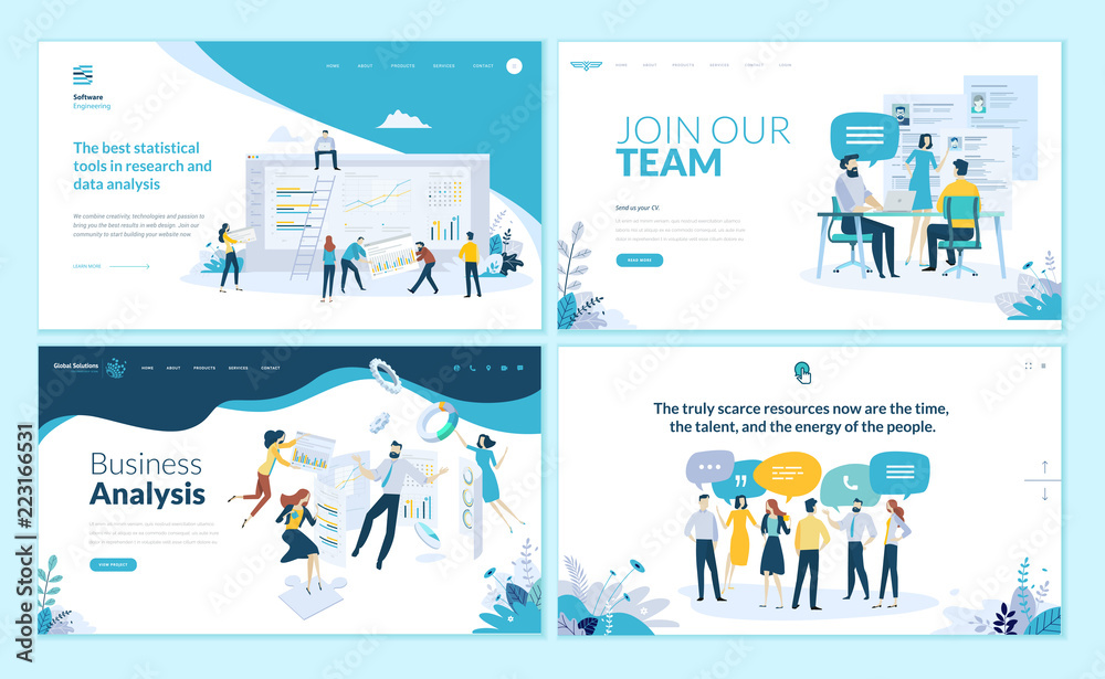 Wall mural set of web page design templates for business app, data analysis, career, communication, teamwork. m