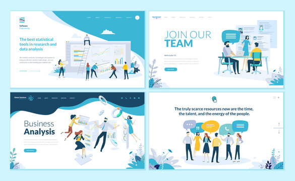 Set of web page design templates for business app, data analysis, career, communication, teamwork. Modern vector illustration concepts for website and mobile website development. 