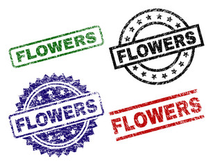 FLOWERS seal stamps with corroded style. Black, green,red,blue vector rubber prints of FLOWERS text with dirty style. Rubber seals with circle, rectangle, rosette shapes.