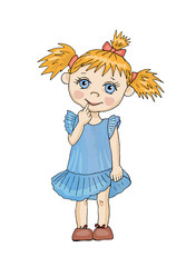 Cute little girl with funny pigtails, dressed in blue, stands putting a finger in her mouth. Vector cartoon illustration,