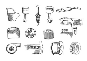 Set of car parts, repair automobile. Doodle vector sketches