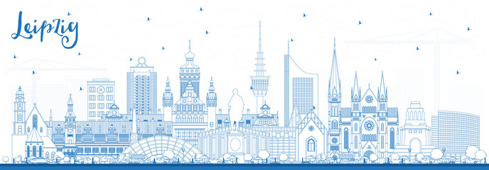 Outline Leipzig Germany City Skyline with Blue Buildings.