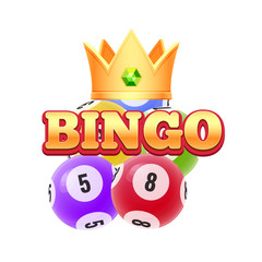 Realistic 3D balls with random numbers and crown, bingo, lotto.