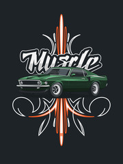 Classic muscle car poster with tribal ornament on dark background.