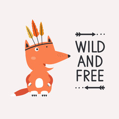 Background, fox with feathers, english text. Wild and free, cute poster design. Backdrop vector with lettering. Decorative illustration. Save the date card. Animal, arrows