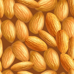 Realistic almonds texture. Seamless vector pattern. Template for background, wallpaper, postcard, print, textile. Vector illustration EPS10.