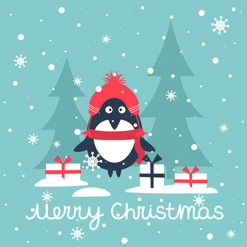 Hand drawn illustration with happy penguin, fir trees, snow and lettering. Colorful background vector. Merry Christmas, poster design. Decorative backdrop with english text, animal. Funny card, phrase