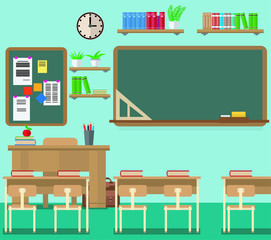 School classroom with chalkboard and desks. Classroom for learning, vector illustration set.