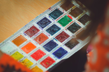 Watercolor paint for painting, close-up.