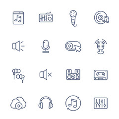 audio, music line icons set, sound mixing, microphones, recording, earbuds, headphones, speakers, eq, cassette tape