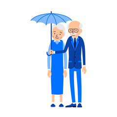 Old couple under umbrella. An elderly man stands and holds an umbrella over an elderly woman. Illustration of people characters isolated on white background in flat style