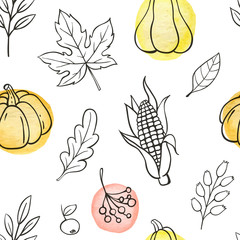 Seamless pattern with pumpkins and leaves