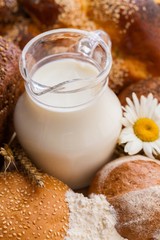 Jug of Milk with Bread and Wheat Spikes